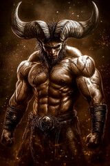 Man with horns on his head stands in front of a fire. He is muscular and has a menacing look on his face