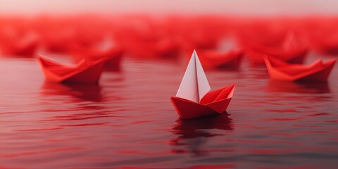 3D render of a small paper sailboat in the middle, surrounded by many red origami boats on the 