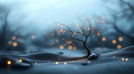 Glowing Tree  Fantasy Nature  Magical Landscape  Dark Blue  Ethereal  Mystical  Winter Sce