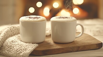Cozy Autumn Evening  Two Cups of Cappuccino by Fireplace