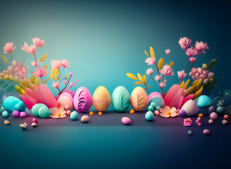 Vibrant Easter eggs and flowers are arranged on a gradient blue backdrop, creating a soft, decorative, and cheerful spring holiday scene.