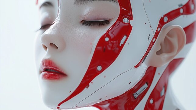 Futuristic human-like robot with red and white faceplate design