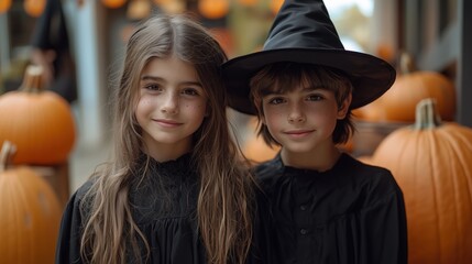 Two children in halloween costumes with pumpkins
