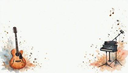 artistic watercolor splashes of music instrument border frame