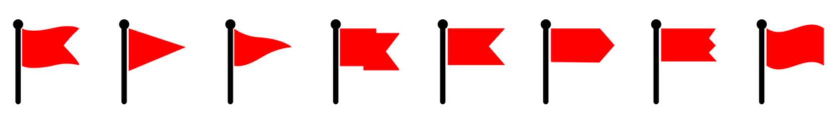 Red flag icons collection set on white background. Red flag warning icon set for alert messages. Set of different red flag vector shapes. Hazard emblem minimal vector graphic. Vector illustration  © GraphicSpark