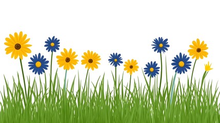 Beautiful meadow with daisies, wildflowers, and lush grass under a bright blue sky in spring