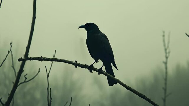 Silhouette of a crow perched on a barren branch in a misty forest at dawn