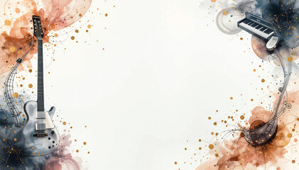 artistic watercolor splashes of music instrument border frame