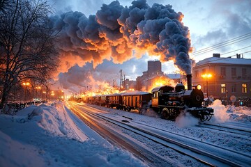 High carbon emission concept. A steam train billows smoke against a winter landscape, illuminated by streetlights and a vibrant sunset backdrop.