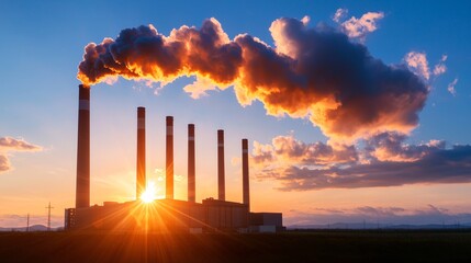 High carbon emission concept. Silhouetted smokestacks release plumes of smoke against a vibrant sunset, symbolizing industrial activity and environmental concerns.