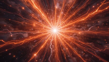 Bright energy burst with radiating orange and white light in cosmic space