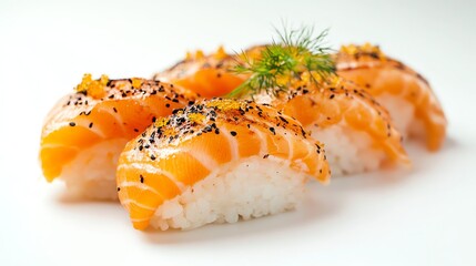 Perfectly cooked salmon fillet with golden crust, fresh dill garnish, on white background. Gourmet, flaky, and vibrant. Ideal for food blogs, ads, and menus.