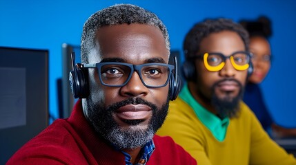 Obraz premium Professional African American man with beard wearing headphones and glasses, coworking with colleagues in modern office environment, focused on work and communication