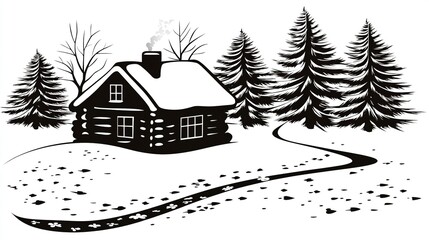 Snowy Cabin in Winter Forest  Black and White Illustration