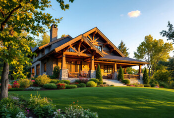 Fototapeta premium Beautiful timber framed house nestled in a lush green lawn