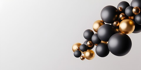 A bunch of black and gold balloons flying against an abstract gray background, creating a festiv