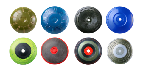 Colorful Variety of Plastic Discs on a White Background