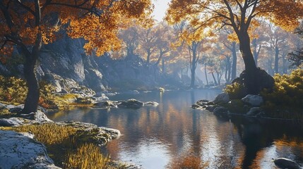 Obraz premium Calm autumn river flowing through a misty forest with golden leaves and rocky banks.
