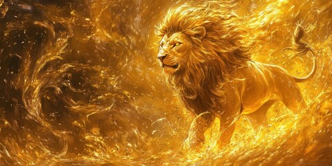 Majestic lion strides powerfully through a swirling golden abstract background