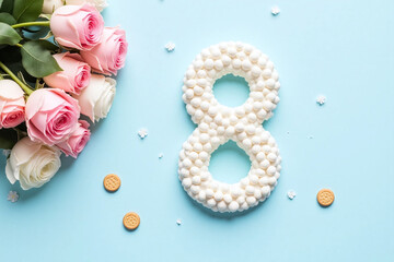 Light blue background number 8 marshmallows roses flower bouquet