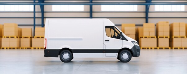 Naklejka premium White Delivery Van Side View in a Warehouse Environment with Boxes in Background