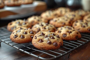 plate of freshly baked chocolate chip cookies cooling on a wire rack