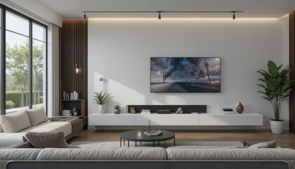 Modern minimalist living room with large tv and stylish decor elements