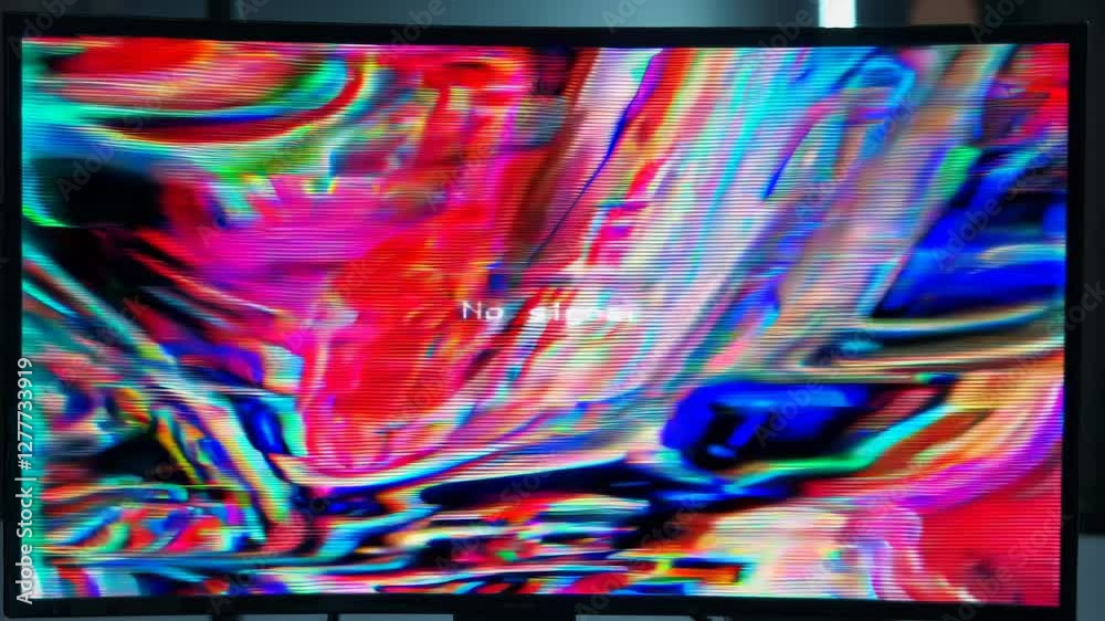 Poster colorful digital glitch art on a curved television screen with vibrant abstract patterns. modern tec