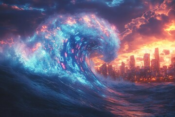 Digital art surreal tsunami wave over urban skyline at dusk - futuristic concept