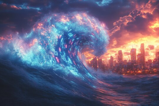 Digital art surreal tsunami wave over urban skyline at dusk - futuristic concept