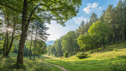 A serene landscape with a forest absorbing carbon emissions represented as colorful swirls, symbolizing natural carbon capture.