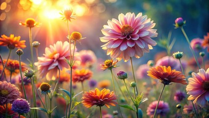 Fototapeta premium Golden Hour Bloom A Vibrant Meadow of Colorful Flowers Basking in the Sunset's Glow