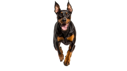 Doberman running joyfully indoors during the day