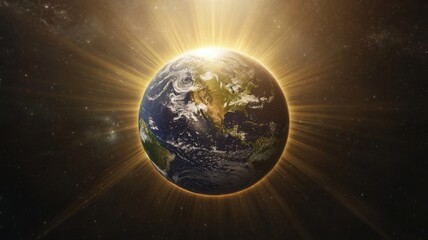 Fototapeta premium Earth illuminated by sunlight from space showcasing the vibrant details of continents and oceans during a stunning celestial moment