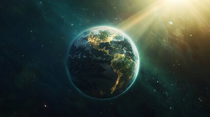 Overview of Earth illuminated by city lights during nighttime with sun rays shining from above in space