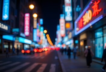 Fototapeta premium Out-of-focus city street at night with glowing neon signs and blurred traffic lights 