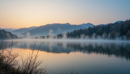 Fototapeta premium Serene morning lake with mist and mountain reflections at sunrise