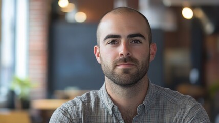 Obraz premium Man with a shaved head in a casual shirt poses thoughtfully inside a modern cafe during daylight, showcasing a relaxed atmosphere