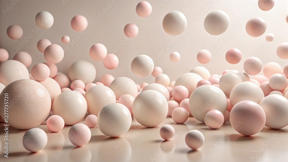 Wall mural abstract pastel spheres floating and resting on a smooth surface, creating a dreamlike and elegant c