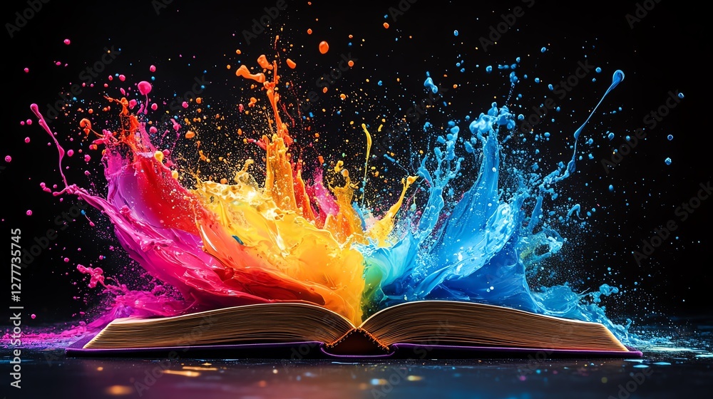 Poster open book with vibrant, colorful paint splashes exploding outward on a black background, dynamic and