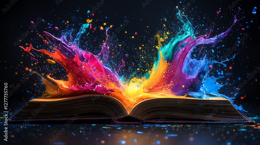 Poster open book with vibrant, colorful paint splashes exploding outward on a black background, dynamic and