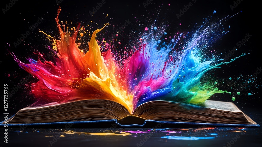 Poster open book with vibrant, colorful paint splashes exploding outward on a black background, dynamic and