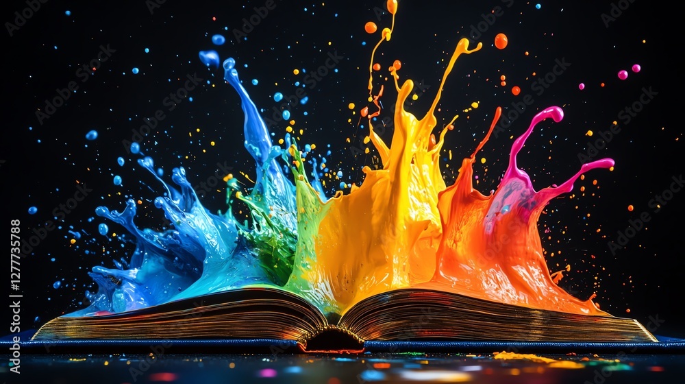 Poster open book with vibrant, colorful paint splashes exploding outward on a black background, dynamic and