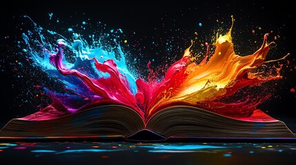 Obraz premium Open book with vibrant, multicolored paint splashes expanding outward, set against a stark black background, dynamic and bold art concept, ultrarealistic, 8K UHD