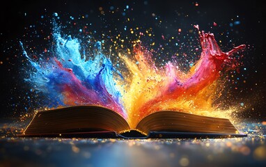 Obraz premium An open book with explosive, colorful paint splashes shooting outward on a dark background, bright vivid colors, abstract art, high contrast, 8K UHD