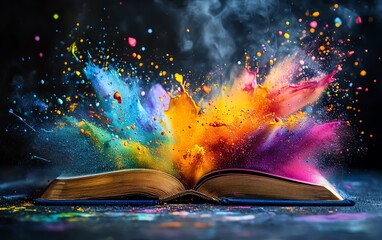 Obraz premium An open book with explosive, colorful paint splashes shooting outward on a dark background, bright vivid colors, abstract art, high contrast, 8K UHD