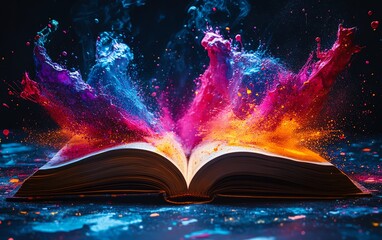 Obraz premium An open book with explosive, colorful paint splashes shooting outward on a dark background, bright vivid colors, abstract art, high contrast, 8K UHD