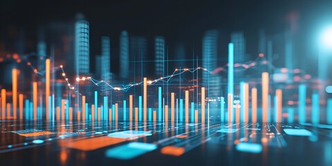 A digital rendering of financial charts and graphs, glowing with data points against an abstract 