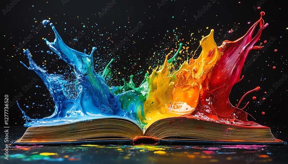 Poster colorful paint bursts from an open book on a black background, creating a dynamic and energetic comp