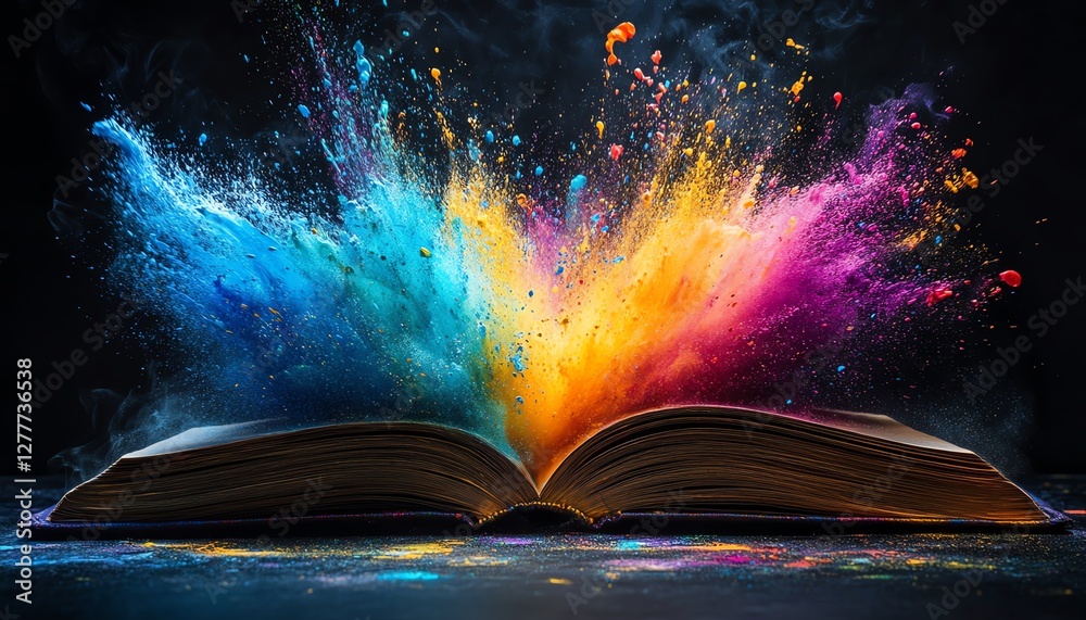 Poster colorful paint bursts from an open book on a black background, creating a dynamic and energetic comp